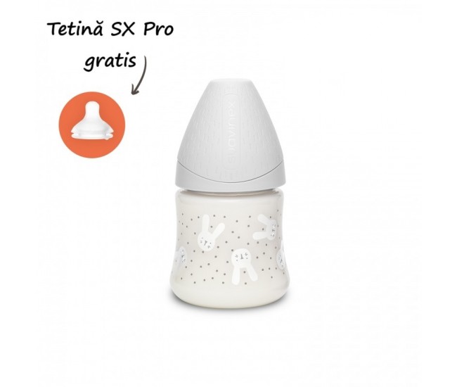 Biberon 150 ml cu tetină rotundă din silicon, debit lent, iepuraș gri hygge suavinex