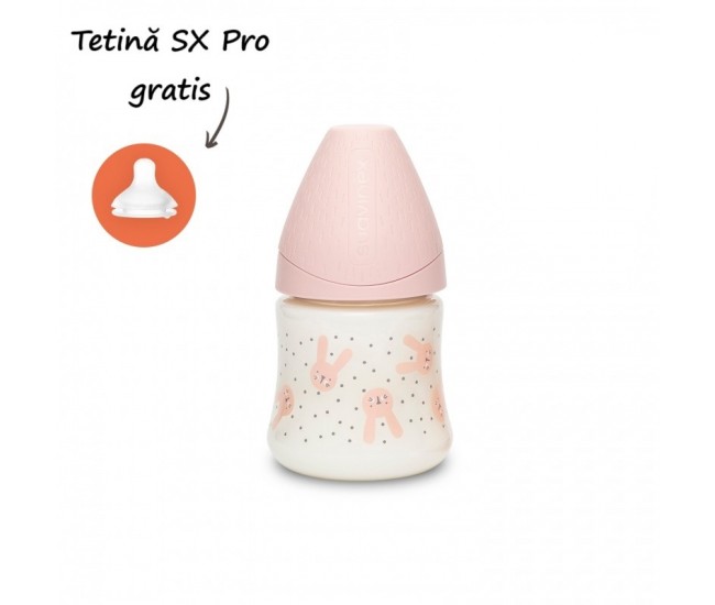 Biberon 150 ml cu tetină rotundă din silicon, debit lent, iepuraș roz hygge suavinex