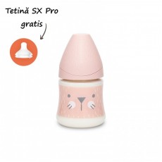 Biberon 150 ml cu tetină rotundă din silicon, debit lent, pisică roz hygge suavinex