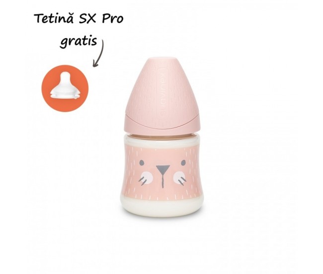 Biberon 150 ml cu tetină rotundă din silicon, debit lent, pisică roz hygge suavinex