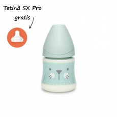 Biberon 150 ml cu tetină rotundă din silicon, debit lent, pisică verde hygge suavinex