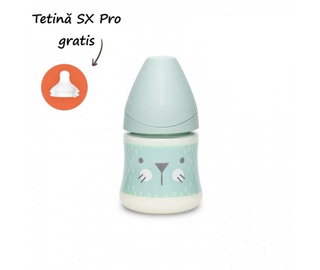 Biberon 150 ml cu tetină rotundă din silicon, debit lent, pisică verde hygge suavinex