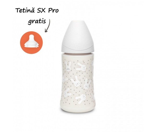 Biberon 270 ml cu tetină rotundă din silicon, 3 fluxuri, iepuraș gri hygge suavinex