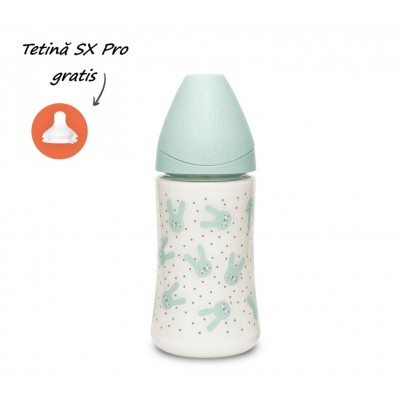 Biberon 270 ml cu tetină rotundă din silicon, 3 fluxuri, iepuraș verde hygge suavinex