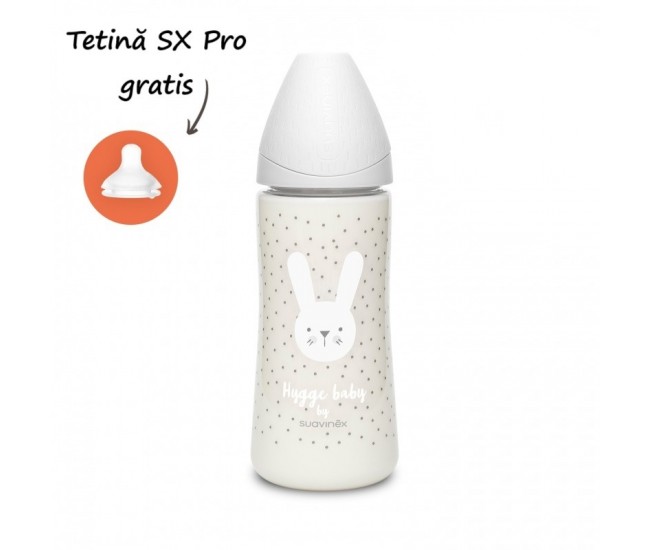 Biberon 360 ml cu tetină rotundă din silicon, debit dens, iepuraș gri hygge suavinex