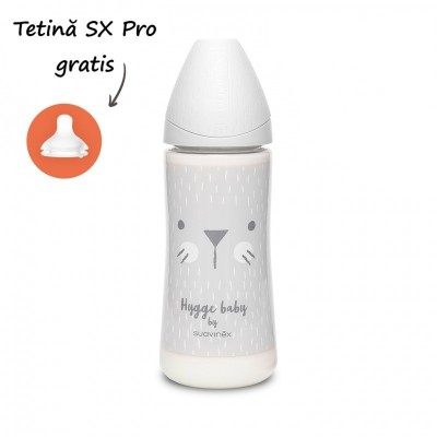 Biberon 360 ml cu tetină rotundă din silicon, debit dens, pisică gri hygge suavinex