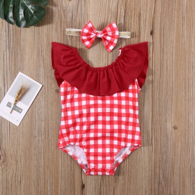 Costum de baie cu patratele rosii si bentita drool (marime: 120)