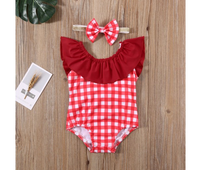 Costum de baie cu patratele rosii si bentita drool (marime: 110)