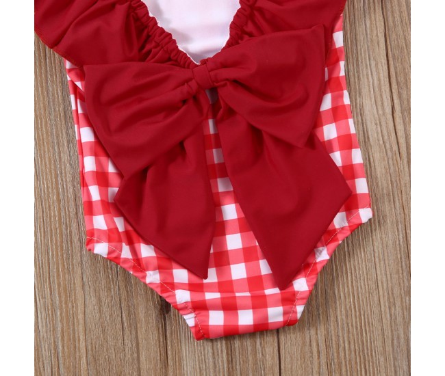 Costum de baie cu patratele rosii si bentita drool (marime: 110)