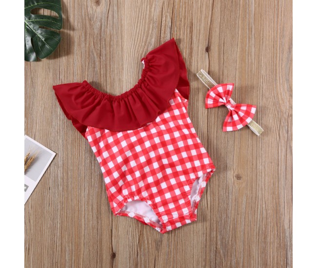 Costum de baie cu patratele rosii si bentita drool (marime: 120)