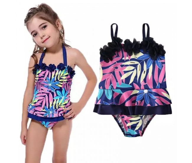 Costum de baie mov cu frunze si floricele aplicate drool (marime: 100)