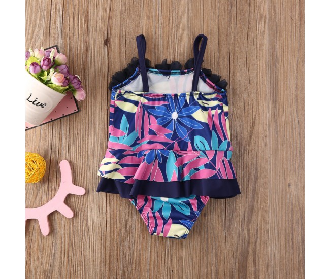 Costum de baie mov cu frunze si floricele aplicate drool (marime: 90)