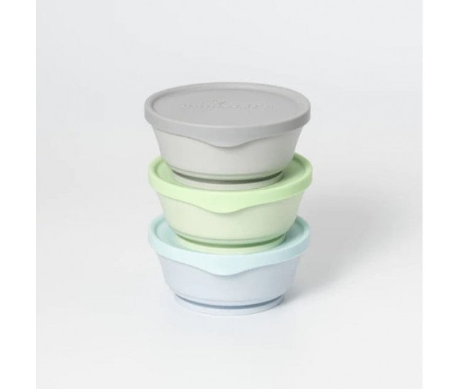 Set 3 boluri cu capac hrana bebelusi miniware, 100% din materiale naturale biodegradabile, aqua+grey+keylime