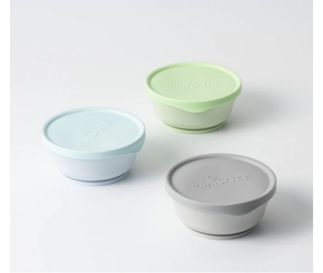 Set 3 boluri cu capac hrana bebelusi miniware, 100% din materiale naturale biodegradabile, aqua+grey+keylime