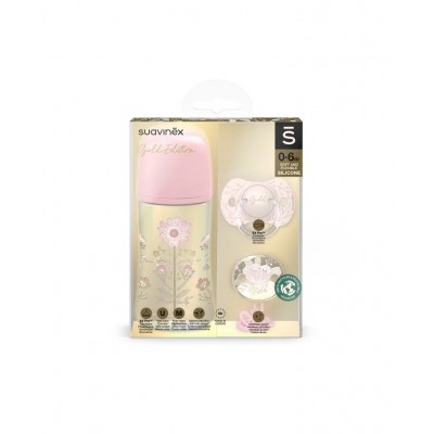 Set biberon 270ml + suzetă 0-6m + lănțișor roz gold premium