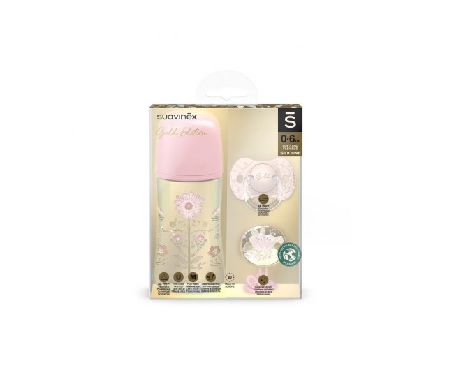 Set biberon 270ml + suzetă 0-6m + lănțișor roz gold premium