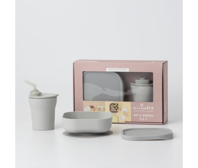 Set diversificare hrana bebelusi miniware sip&snack, 100% din materiale naturale biodegradabile, 3 piese, grey