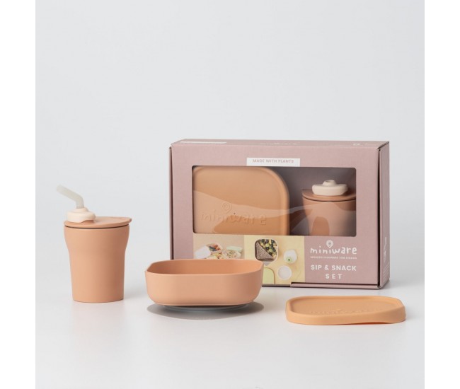 Set diversificare hrana bebelusi miniware sip&snack, 100% din materiale naturale biodegradabile, 3 piese, toffee